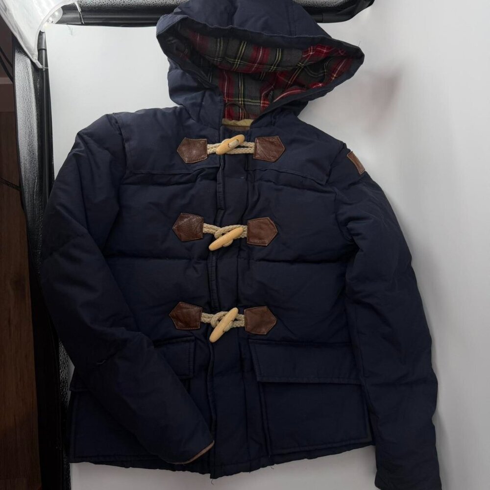 Penfield Women’s Down Puffer Jacket Duffle Toggle Hooded Navy Leather Trim XS